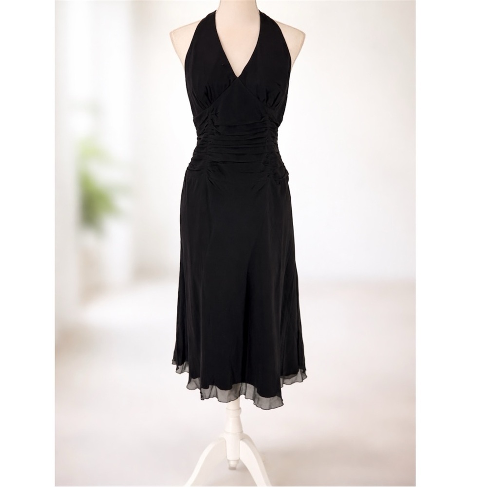 Spenser Jeremy Black Silk Halter Midi Dress 8 Ruched Open Back Vintage Y2K